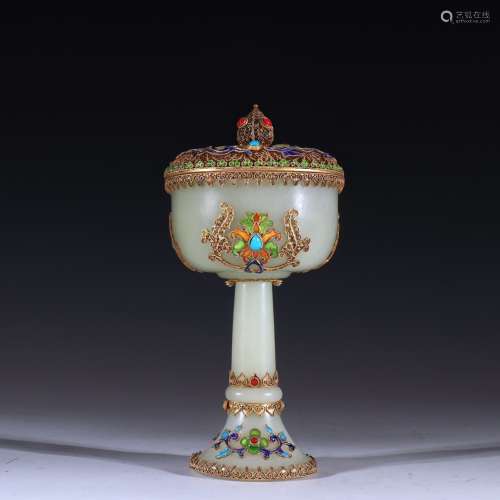 Qing Dynasty silver flower silk and jade high foot with cove...