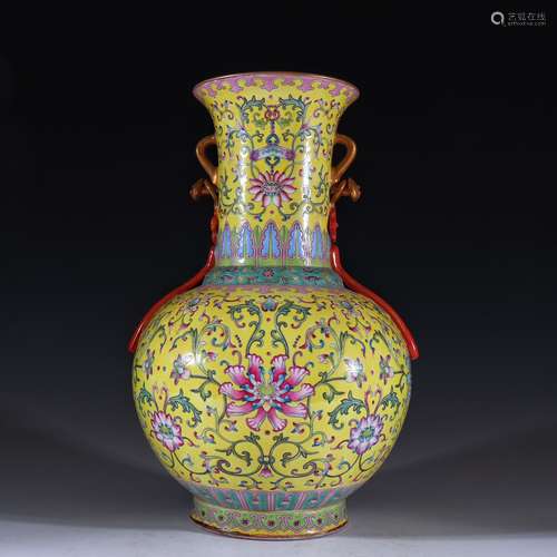 Qinggan Long     Yellow glazed pink floral lines Ruyi ear bo...