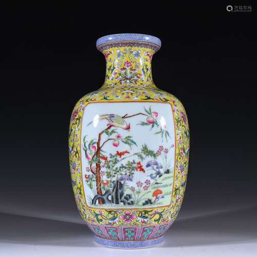 Qinggan Long    Yellow glazed pink color flower and bird gra...