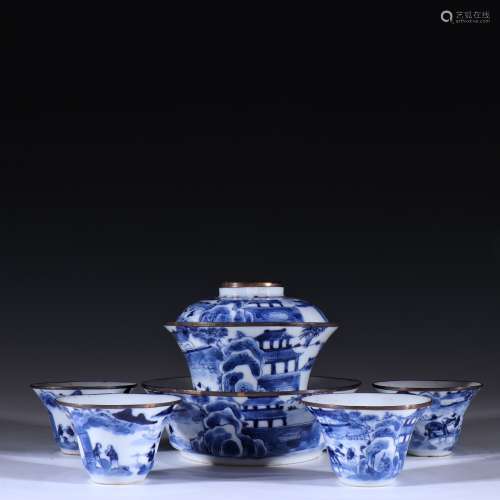Qing blue and white landscape figure tea sets