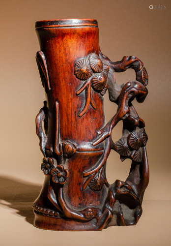 Qing Huanghua pear hollow-out carved pine, bamboo and plum f...