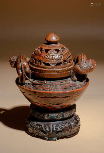 Qing bamboo carved chi dragon ear Taotie grain smoked furnac...