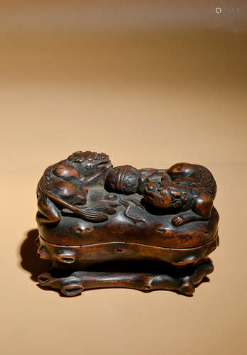 Qing boxwood wood carving double lion play ball text box