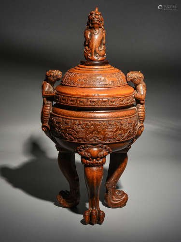 Qing bamboo carved chi dragon ear Taotie grain smoked furnac...