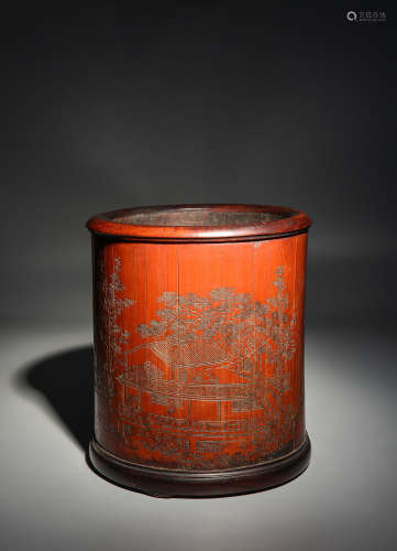 Qing bamboo carving landscape poetry and pen barrel