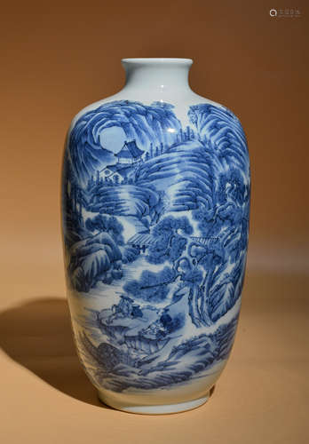 Qing blue and white landscape figures Wenwen flower honor