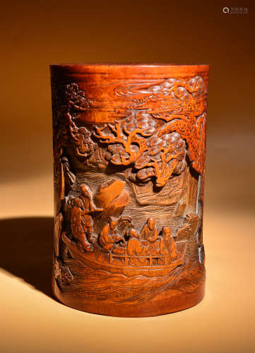 Qing bamboo carving figure pen holder