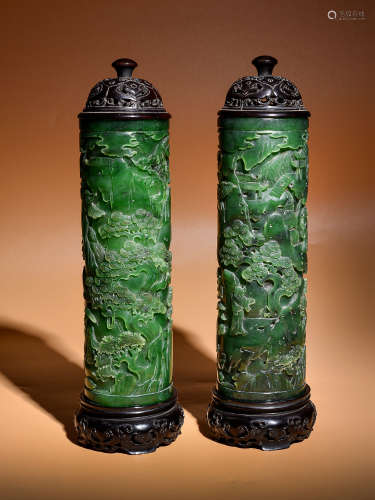 Clear jasper full of carved landscape text room incense tube...