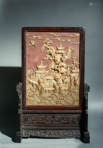 Clear red sandalwood box inlaid with Qiyang Shishan hydrolog...