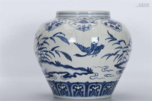 A MING DYNASTY BLUE AND WHITE BIRDS PATTERN JAR