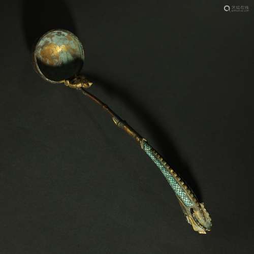 Ancient bronze gilded Turquoise spoon