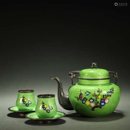 A set of silver Qibao tea pot and cup