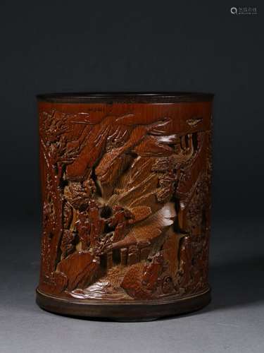 A QING DYNASTY BAMBOO CARVED FIGURE STORY BRUSH POT