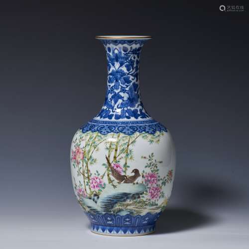 Blue and white pastel flower and bird decorative vase