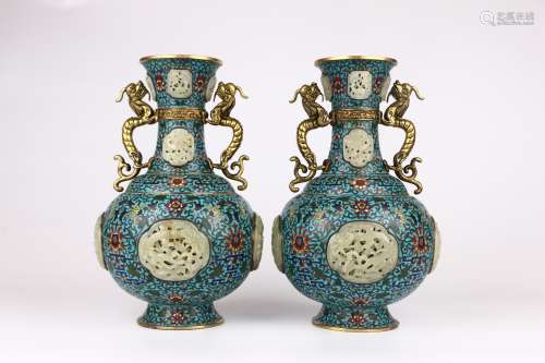 A PAIR OF QING DYNASTY CLOISONNE HETIAN JADE DRAGON GRAIN BO...