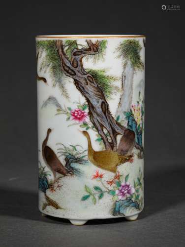 A QING DYNASTY FAMILLE ROSE SWALLOW BRUSH POT