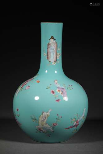 A QING DYNASTY BLUE GLAZE TWELVE FLORA FIGURE GLOBULAR SHAPE...