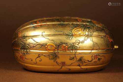 A QING DYNASTY LACQUER GOLD DRAWING MELON AND FRUIT COVER BO...