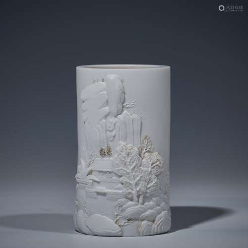 Wang Bingrong's white glazed carved porcelain brush holder f...