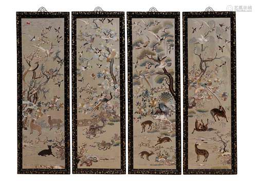 FOUR PIECES OF QING DYNASTY YUE EMBROIDERY SCREENS 