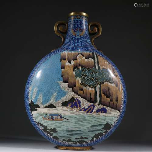 A QING DYNASTY TQIANLONG CLOISONNE LANDSCAPE MOON FLASKS