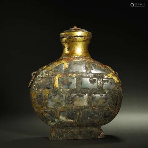 Ancient bronze gilded jade jar with fu'er