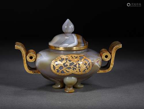 A LIAO DYNASTY AGATE GOLD FILLED INCENSE BURNER