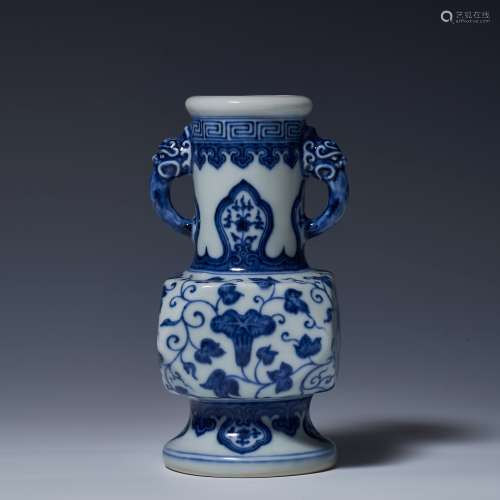 Blue and white double division ear square vase with flower p...