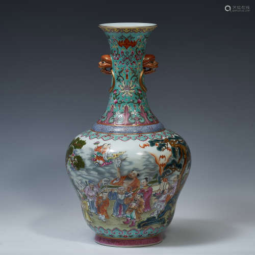 Double eared bottle with enamel Eight Immortals crossing the...