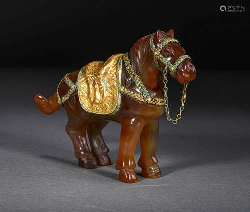 A LIAO DYNASTY AGATE GOLD FILLED HORSE