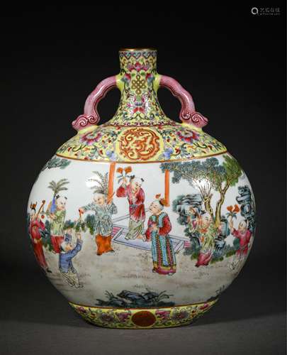 A QING DYNASTY FAMILLE ROSE CHILD PLAY PICTURE MOON FLASKS