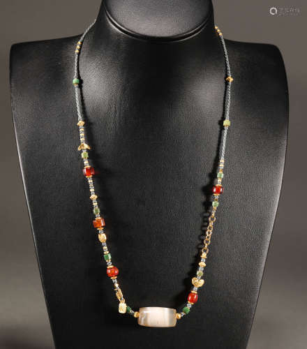 Qing Dynasty - Pure Gold Pendant Dzi Bead Necklace