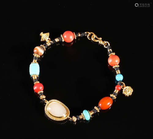 Qing Dynasty - Dzi Beads Coral Pure Gold Pendant Bracelet