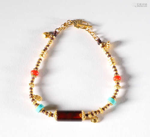 Qing Dynasty - Pure Gold Pendant Agate Necklace