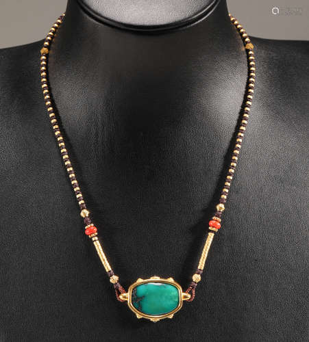 Qing Dynasty - Turquoise Pure Gold Pendant Necklace