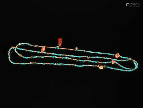 Qing Dynasty - Pure Gold Pendant Turquoise Bracelet