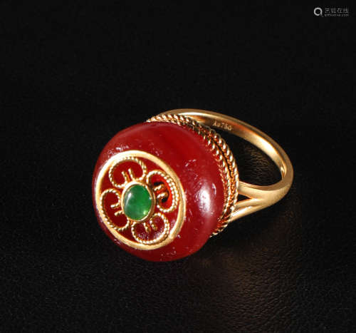 Qing Dynasty - Southern Red Agate Pure Gold Ring