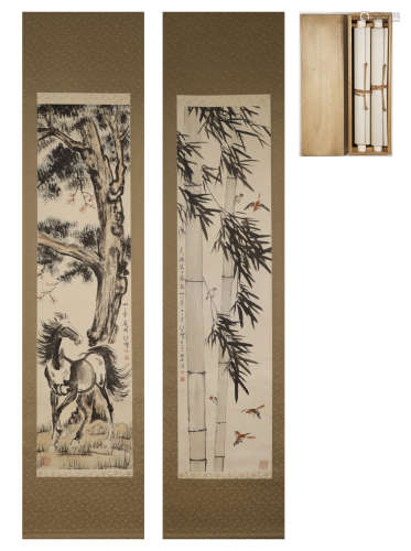 Xu Beihong - Horse and Sparrow Boutique Double Axis Hanging ...