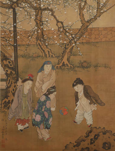 Qing dynasty - Lengmei - Baby Play on Silk Hanging Scroll