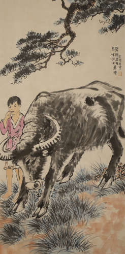 Xu Beihong - Boy Shepherd Cow Hanging Scroll on Paper