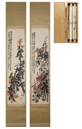 Wu Changshuo - Flower Boutique Double Axis Hanging Scroll on...