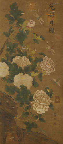 Yuan Dynasty - Wang Yuan - Blooming Flowers and Moon Hanging...