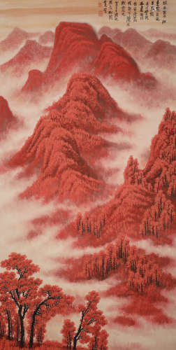 Li Keran - Red Mountains Hanging Scroll on Paper