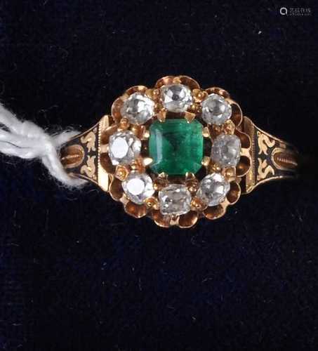 A Victorian yellow metal, emerald and diamond cluster ring, ...