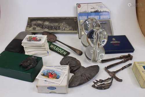 Two boxes of mixed effects, to include sundry metalware, ins...