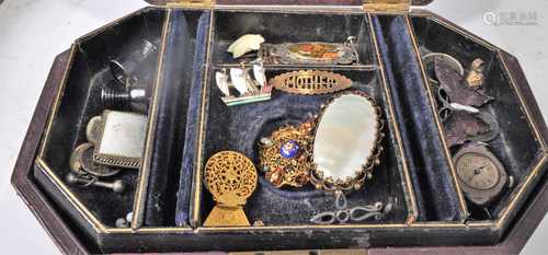 A Victorian leather jewellery box and contents of costume je...