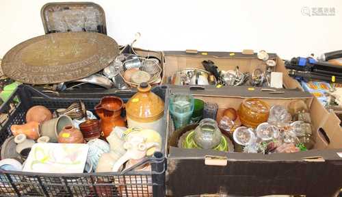 Four boxes of ceramic, glassware, and metalware