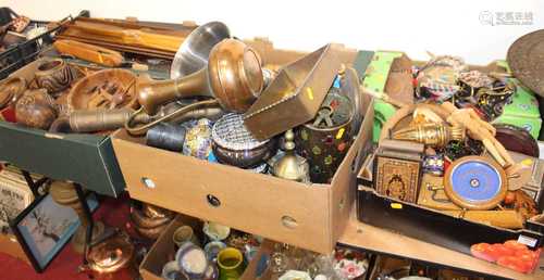 Six boxes of various treen, metalware, etc