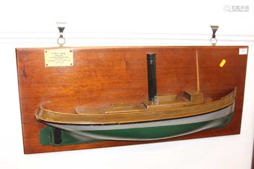 A half-hull model of the steamer Triune, mounted on mahogany...