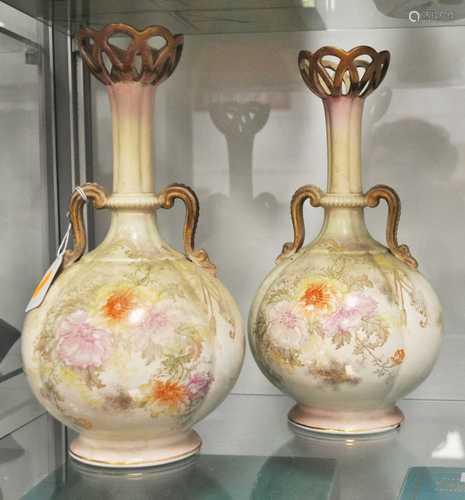 A pair of Victorian Old Hall vases, each having a reticulate...